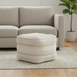 18" Beige Brown and White Cotton Striped Pouf Ottoman