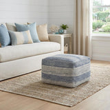 18" Teal Blue and White Cotton Striped Pouf Ottoman