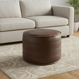 20" Dark Brown Faux Leather Round Pouf Ottoman