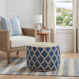 18" Blue and Natural Jute and Cotton Geometric Round Pouf Ottoman