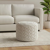 18" Off White Cotton Geometric Round Pouf Ottoman