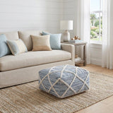 20" Blue and White Cotton and Wool Geometric Pouf Ottoman