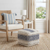 18" Blue Brown and Off White Cotton and Wool Striped Pouf Ottoman