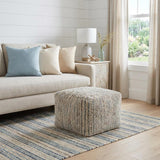 18" Blue and Cream Cotton and Wool Cube Pouf Ottoman