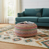 30" Blue Natural and Red Jute and Cotton Striped Round Pouf Ottoman