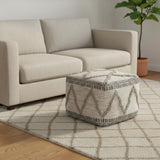 18" Gray and Tan Cotton and Wool Geometric Pouf Ottoman