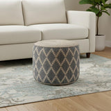 18" Gray Natural and Tan Jute and Cotton Geometric Round Pouf Ottoman