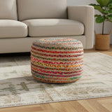 20" Blue Orange and Tan Cotton and Jute Striped Round Pouf Ottoman
