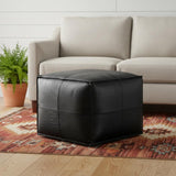 18" Black Genuine Leather Pouf Ottoman