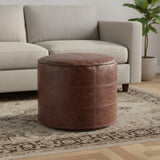 18" Brown Genuine Leather Round Pouf Ottoman