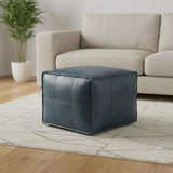 18" Teal Blue Genuine Leather Pouf Ottoman
