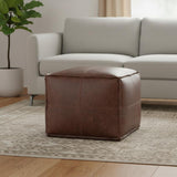 18" Brown Genuine Leather Pouf Ottoman