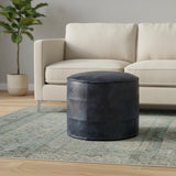 18" Navy Blue and Blue Genuine Leather Round Pouf Ottoman