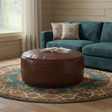 34" Brown Genuine Leather Round Pouf Ottoman