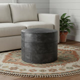 18" Black Genuine Leather Round Pouf Ottoman
