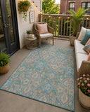 5' X 8' Teal Blue Pink And Orange Ogee Washable Indoor Outdoor Area Rug