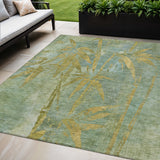 5' X 8' Artichoke Green And Gold Botanical Leaves Washable Indoor Outdoor Area Rug