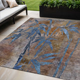 5' X 8' Brown And Blue Botanical Leaves Washable Indoor Outdoor Area Rug