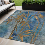 5' X 8' Blue And Brown Botanical Leaves Washable Indoor Outdoor Area Rug