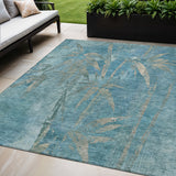 5' X 8' Pale Aqua And Beige Botanical Leaves Washable Indoor Outdoor Area Rug