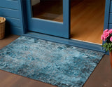 3' X 5' Teal Blue And Gray Floral Washable Indoor Outdoor Area Rug