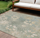 8' X 10' Artichoke Green And Beige Floral Washable Indoor Outdoor Area Rug