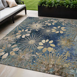 5' X 8' Navy Blue And Gold Floral Washable Indoor Outdoor Area Rug