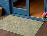 3' X 5' Artichoke Green Brown And Copper Medallion Washable Indoor Outdoor Area Rug