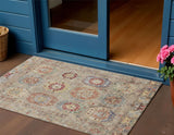 3' X 5' Beige Red And Blue Medallion Washable Indoor Outdoor Area Rug