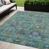 5' X 8' Teal Blue Purple And Gold Medallion Washable Indoor Outdoor Area Rug