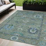 5' X 8' Artichoke Green And Denim Blue Floral Medallion Washable Indoor Outdoor Area Rug