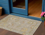 3' X 5' Khaki And Gold Floral Medallion Washable Indoor Outdoor Area Rug
