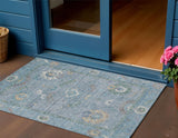 3' X 5' Sky Blue And Ivory Floral Medallion Washable Indoor Outdoor Area Rug