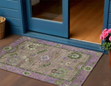 3' X 5' Brown Lavender And Ivory Floral Medallion Washable Indoor Outdoor Area Rug