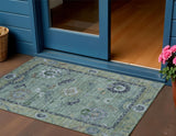 3' X 5' Green And Blue Floral Medallion Washable Indoor Outdoor Area Rug