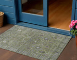 3' X 5' Artichoke Green And Gray Floral Washable Indoor Outdoor Area Rug