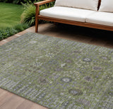 8' X 10' Artichoke Green And Gray Floral Washable Indoor Outdoor Area Rug