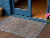 3' X 5' Brown And Blue Floral Washable Indoor Outdoor Area Rug