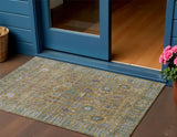 3' X 5' Gold And Green Floral Washable Indoor Outdoor Area Rug