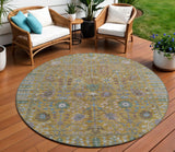 8' Gold And Green Round Floral Washable Indoor Outdoor Area Rug