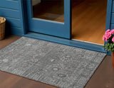 3' X 5' Pewter And Silver Floral Washable Indoor Outdoor Area Rug