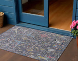 3' X 5' Gray Gold And Red Floral Washable Indoor Outdoor Area Rug