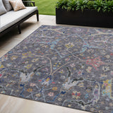 5' X 8' Gray Gold And Red Floral Washable Indoor Outdoor Area Rug