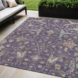 5' X 8' Eggplant Beige And Gold Floral Washable Indoor Outdoor Area Rug