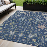 5' X 8' Navy Blue Gold And Ivory Floral Washable Indoor Outdoor Area Rug