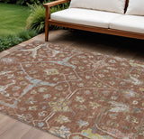 8' X 10' Rust And Ivory Floral Washable Indoor Outdoor Area Rug