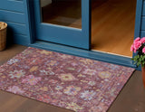 3' X 5' Burgundy Pink And Blue Floral Washable Indoor Outdoor Area Rug