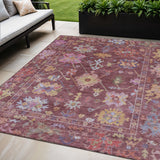 5' X 8' Burgundy Pink And Blue Floral Washable Indoor Outdoor Area Rug