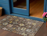 3' X 5' Chocolate Gold And Ivory Floral Washable Indoor Outdoor Area Rug