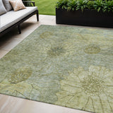 5' X 8' Artichoke Green And Beige Floral Washable Indoor Outdoor Area Rug